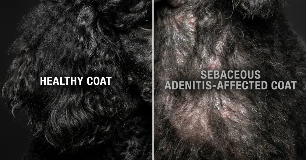 Comparison showing a healthy glossy poodle coat alongside a coat affected by sebaceous adenitis